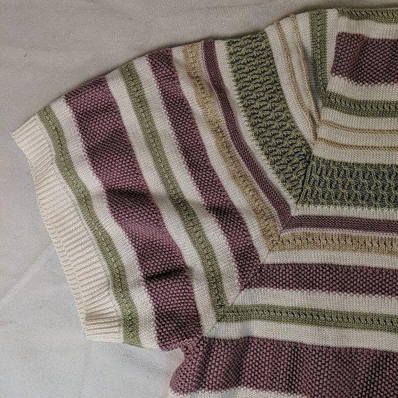 Alfred Dunner Purple Green Cream Striped Knit Short Sleeve Sweater Shirt Top XL - Picture 3 of 9
